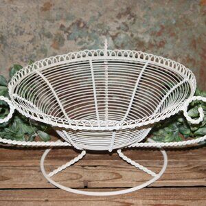 NEW Lrg White Shabby French Pedestal Centerpiece Dish Bowl Basket w/Handles